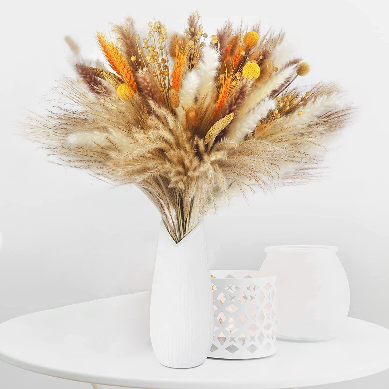 Trockenblume Pampasgras Trockenblumen Deko, 100 Stück Pampasgras Getrocknet Trockenblumen natürlicher Blumenstrauß, Fyrove, Flauschige Getrocknete Blumen für Hochzeit Boho Deko Wohnzimmer