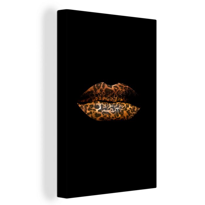 OneMillionCanvasses® Leinwandbild Lippen - Tigerdruck - Schwarz (1 St) Leinwandbild fertig bespannt inkl. Zackenaufhänger Gemälde