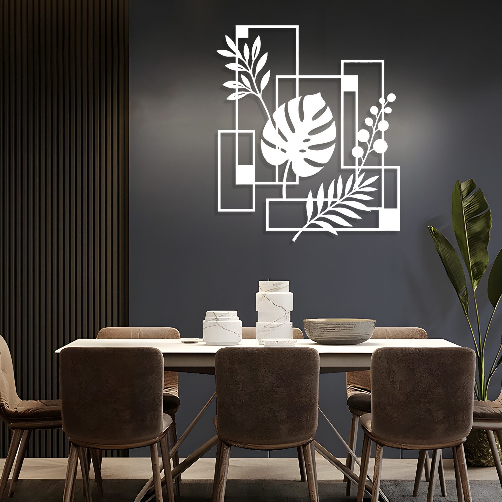 Jumpeak Wanddekoobjekt Monstera Silhouette Wanddekoration, Geometrische Quadrate, Linienkunst, Metall, 4 Farben, 2Größen, Wanddekoration für das Wohnzimmer,Abstrakt