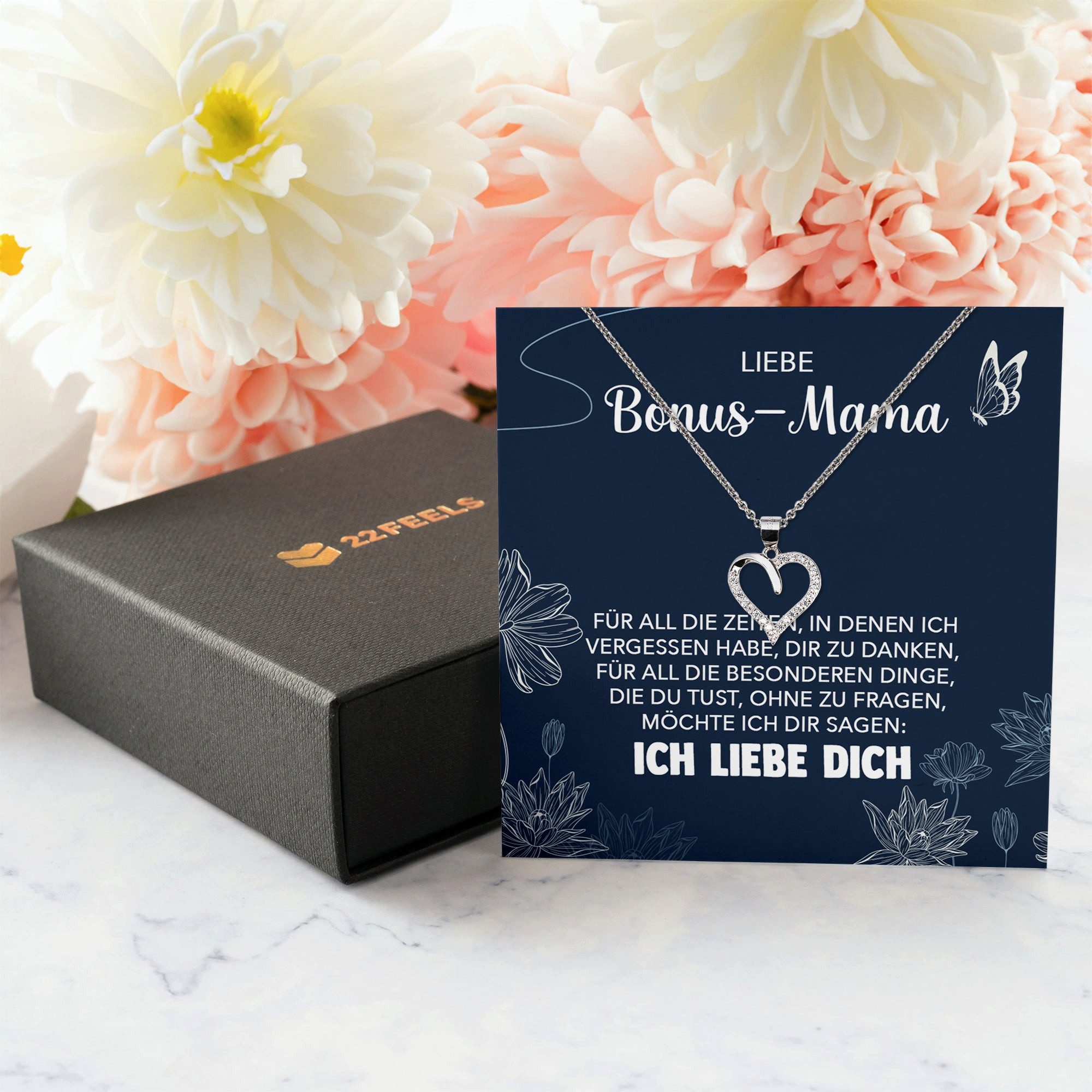 22Feels Schmuckset Stiefmama Geschenk Muttertag Bonus-Mama Herz Halskette Geburtstag (inkl. Geschenktasche, Karte(n), Poliertuch, Beutel), Silber 925/000, Karte Made In Germany