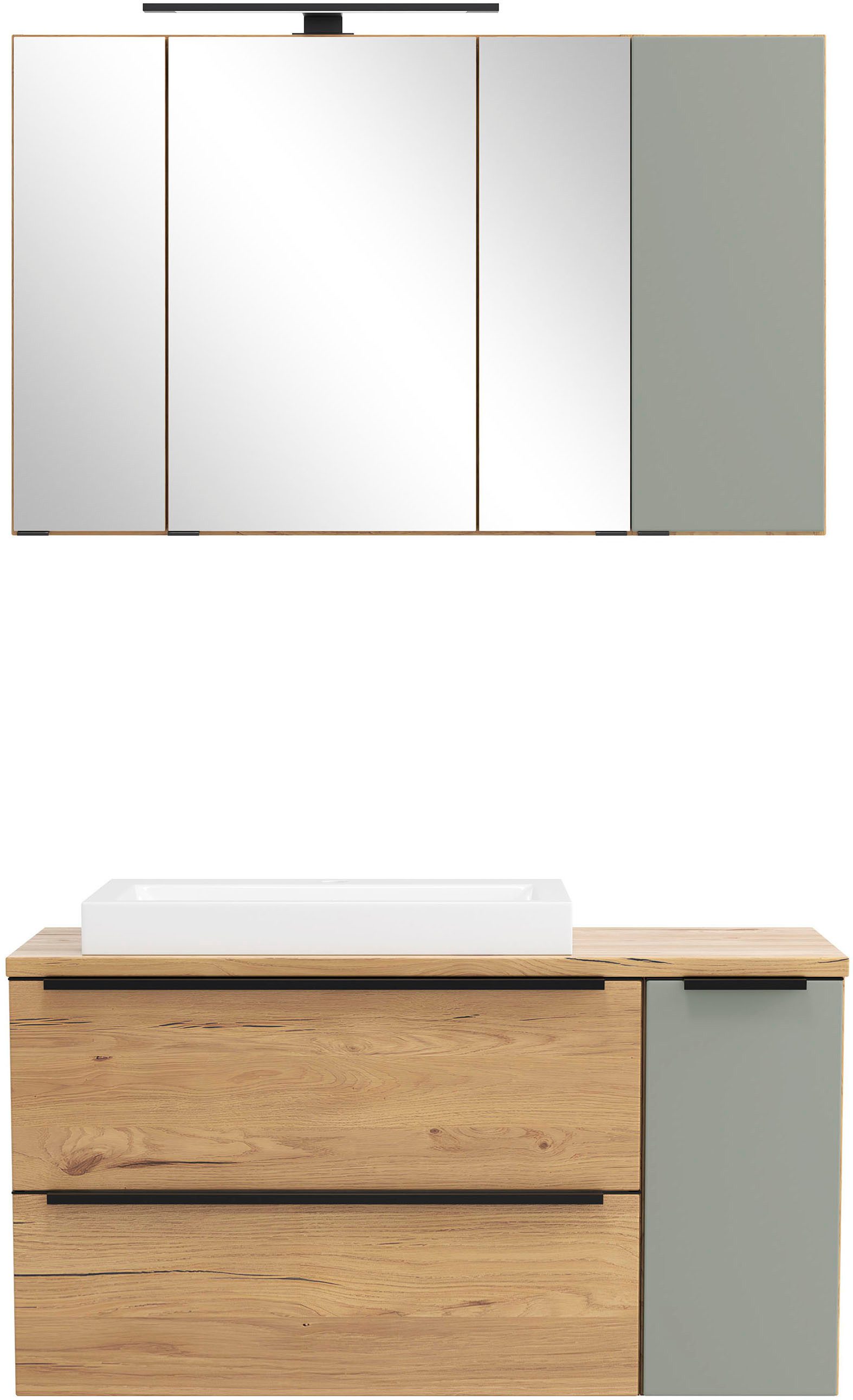 welltime Badmöbel-Set MAILAND, 2 Metall-Vollauszüge mit Softclose, (Maße (B/H/T): ca. 105/200/47 cm), Wildeiche/Schlfgrün, LED-Aufbauleuchte, hochwertiges Keramikbecken