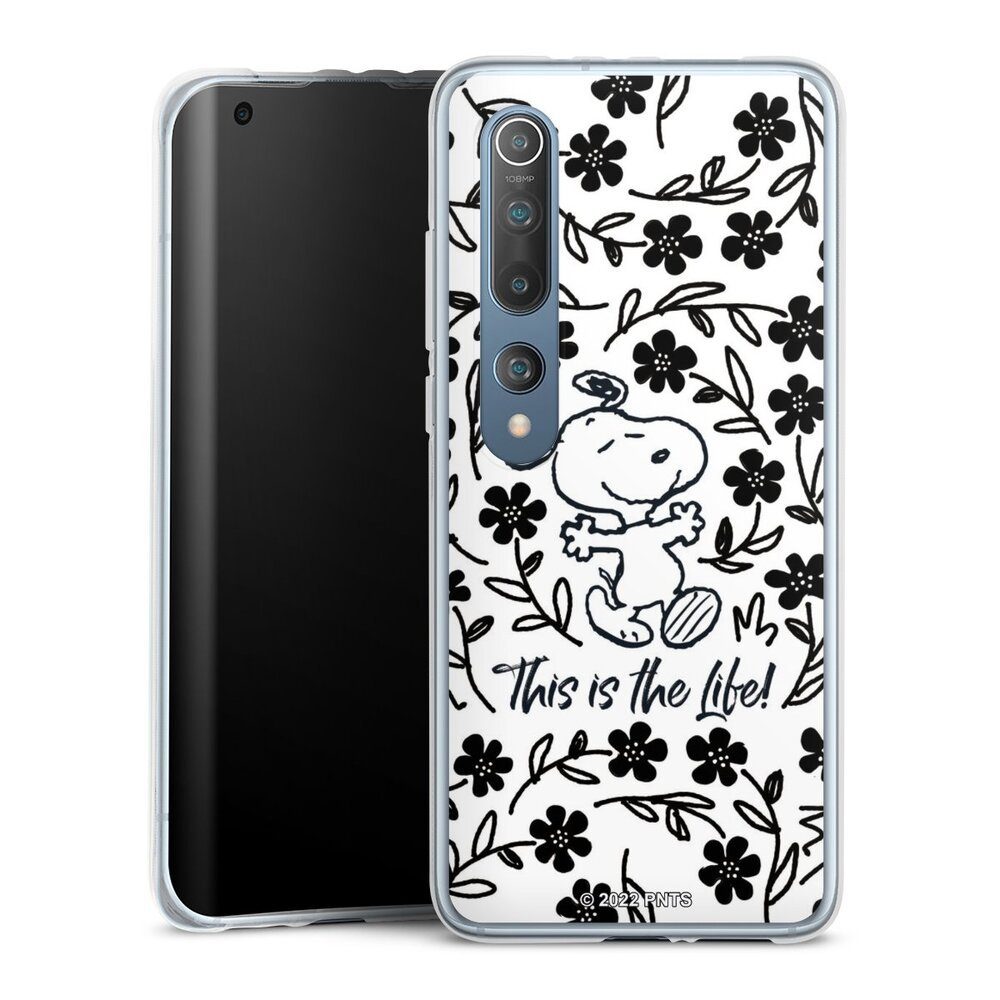 DeinDesign Handyhülle Peanuts Blumen Snoopy Snoopy Black and White This Is The Life, Xiaomi Mi 10 Silikon Hülle Bumper Case Handy Schutzhülle