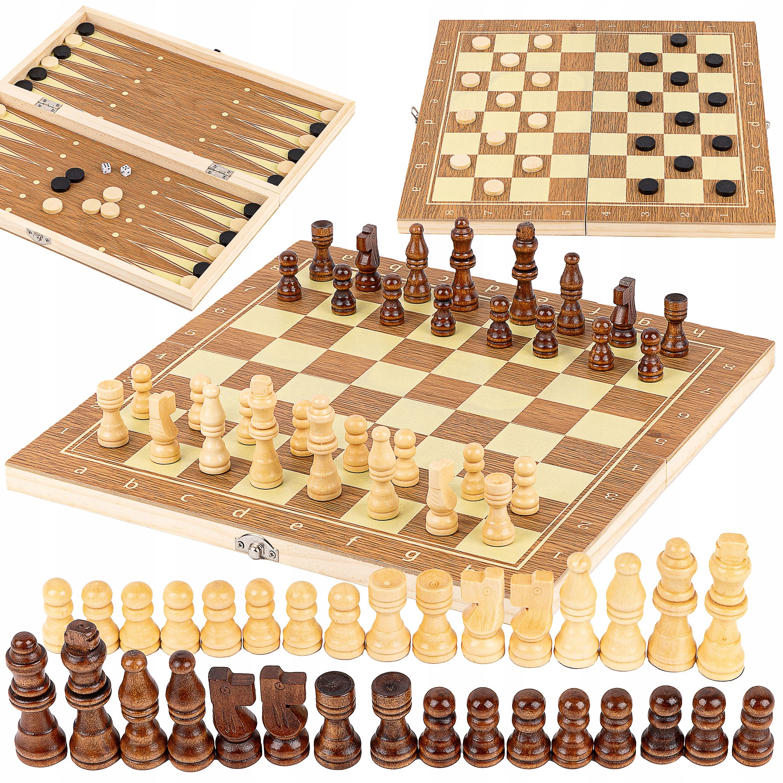 kinderplay Spielesammlung 3-in-1 Holz Brettspiel – Schach Dame Backgammon – Familien Spaß