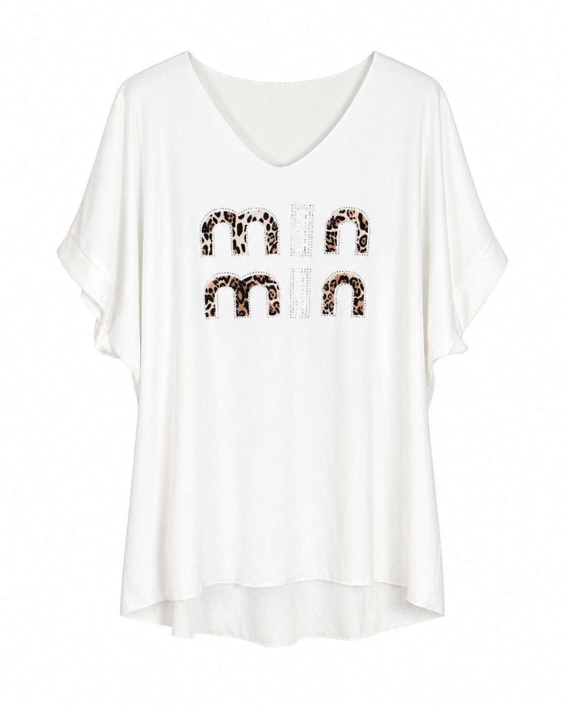 ITALY VIBES Kurzarmshirt - T-Shirt - Rippstrick Shirt kurzarm Damen - trendiger Leo-Print Schri ONE SIZE / passend für Größe S - XL
