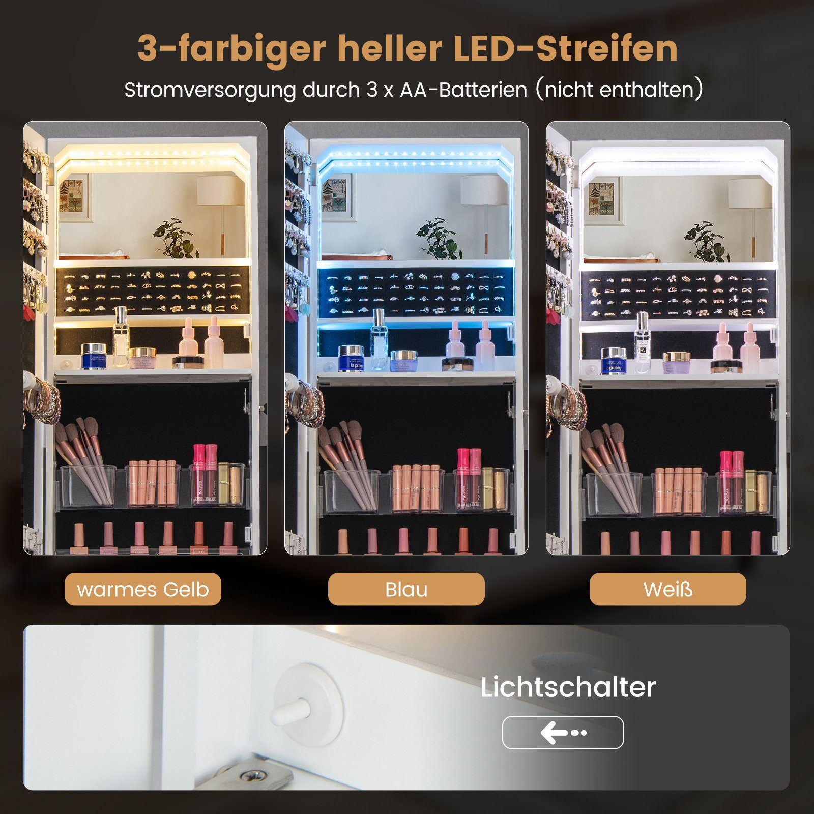 COSTWAY Schmuckschrank mit Spiegel, LED & abschließbarer Tür, stehend,braun