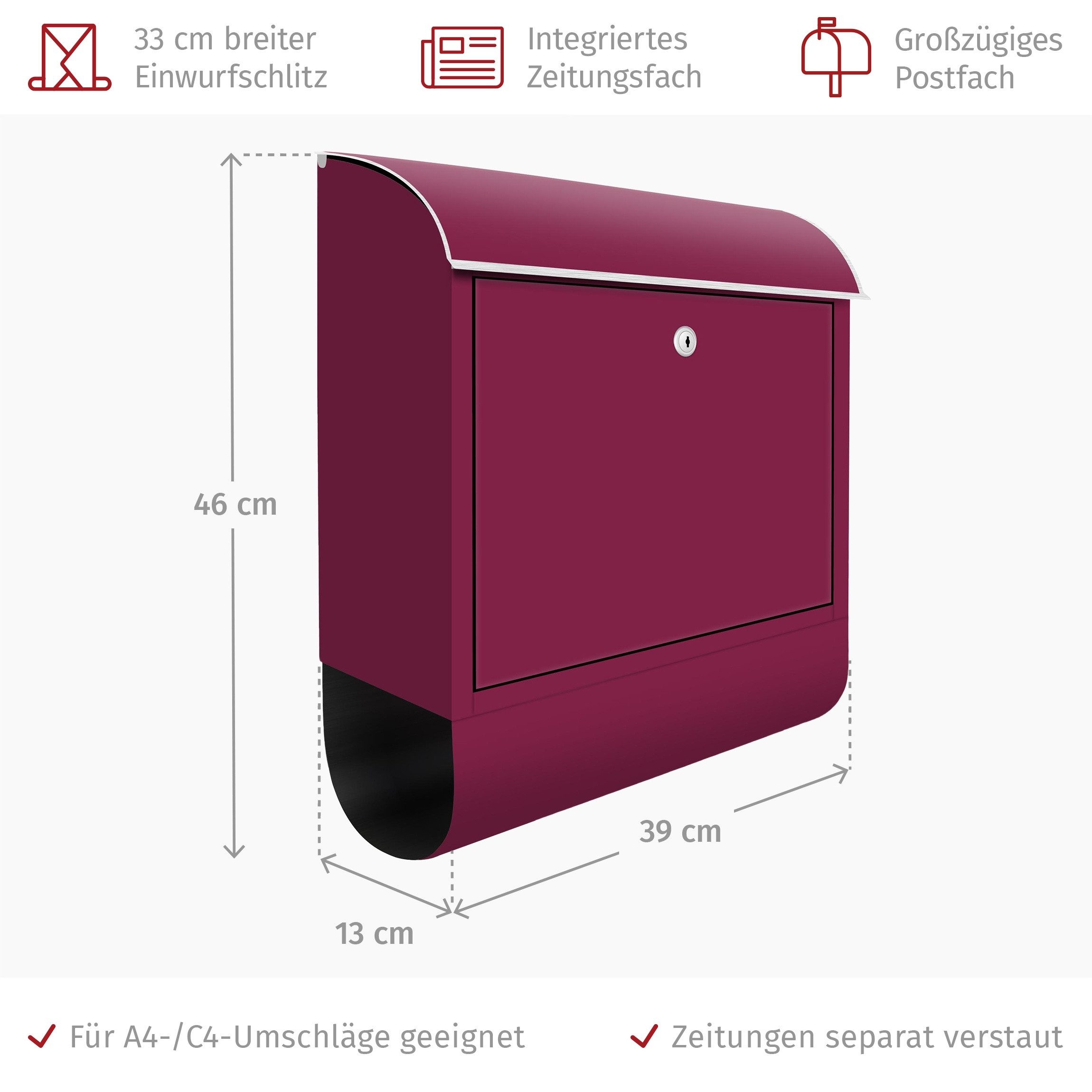Bilderdepot24 Briefkasten Wandbriefkasten mit Zeitungsfach einfarbig Weinrot (inkl. Zeitungsrolle und 3 Schlüssel), matt, wetterfest, UV-beständig, abschließbar – Bild 4 von 4