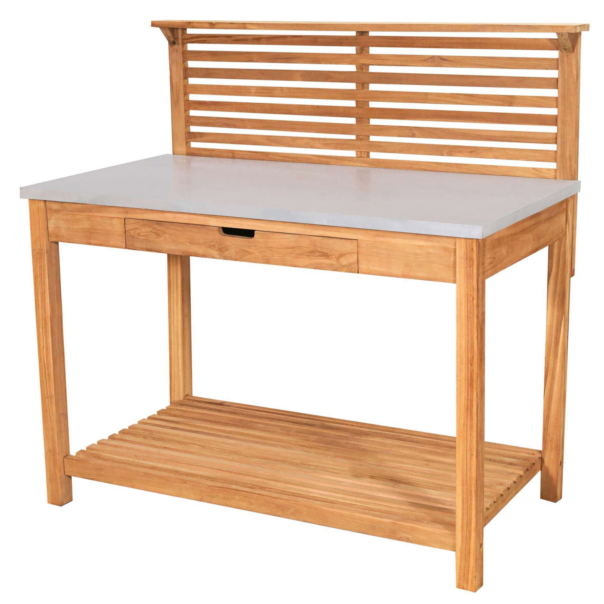 bene living Pflanztisch Hampton - Teakholz (Pflanztisch mit Schublade und Ablagefläche, 1-St), mit Schublade, Metallplatte und wetterfestem Teakholz