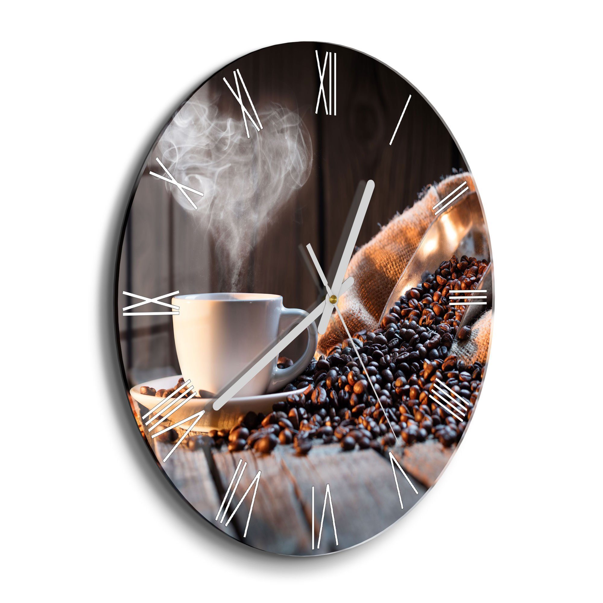 DEQORI Wanduhr 'Rustikale Kaffeeliebe' (Glas Glasuhr modern Wand Uhr Design Küchenuhr)