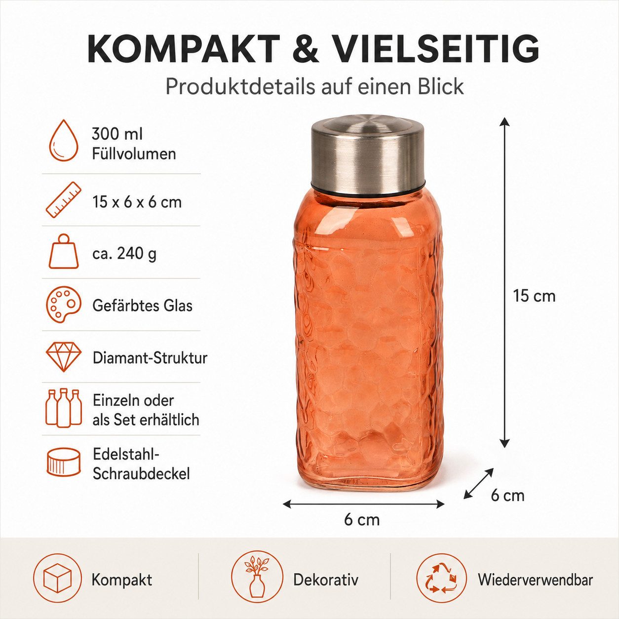 WestCraft Trinkflasche Vintage Glasflasche 300 ml, auslaufsicher – Pastelltöne, Wasserflasche für Smoothies, Shots, Saft & Meal Prep to go