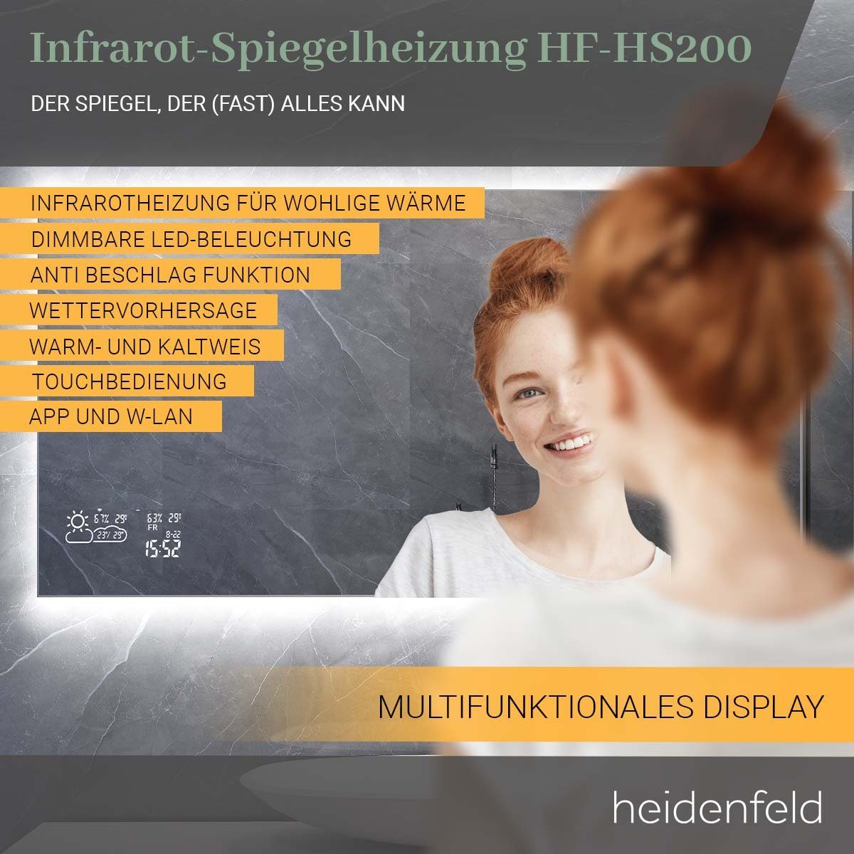 Infrarotheizung - WIFI inkl. Heidenfeld Anti-Beschlag Touchdisplay Spiegelheizung - Garantie, HF-HS200 Rahmenbeleuchtung - - 500 bis 10 Spiegel Jahre Watt