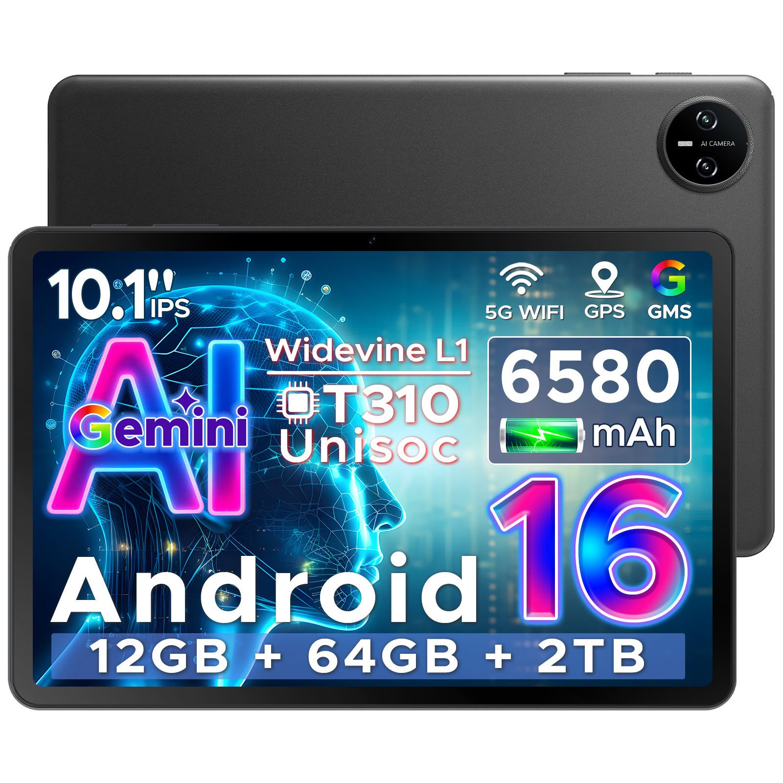 DOOGEE TAB A9 Tablet 10 Zoll, Android Tablet, 64GB ROM (TF 2TB), 5G WiFi Tablet (10.1", 64 GB, Android 16, Wifi, Android 16, Gemini AI, 8MP Kamera, Type-C, GMS, Bluetooth 5.0, Face ID)