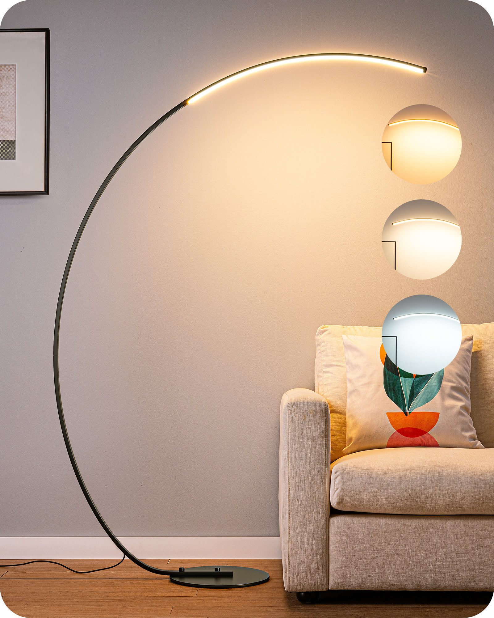 EDISHINE LED Stehlampe Wohnzimmer dimmbar, Bogenlampe, LED fest integriert, Kaltweiß, Warmweiß, moderne Bogenlampe mit Fernbedienung & Fußschalter, Schwarz, 167 cm
