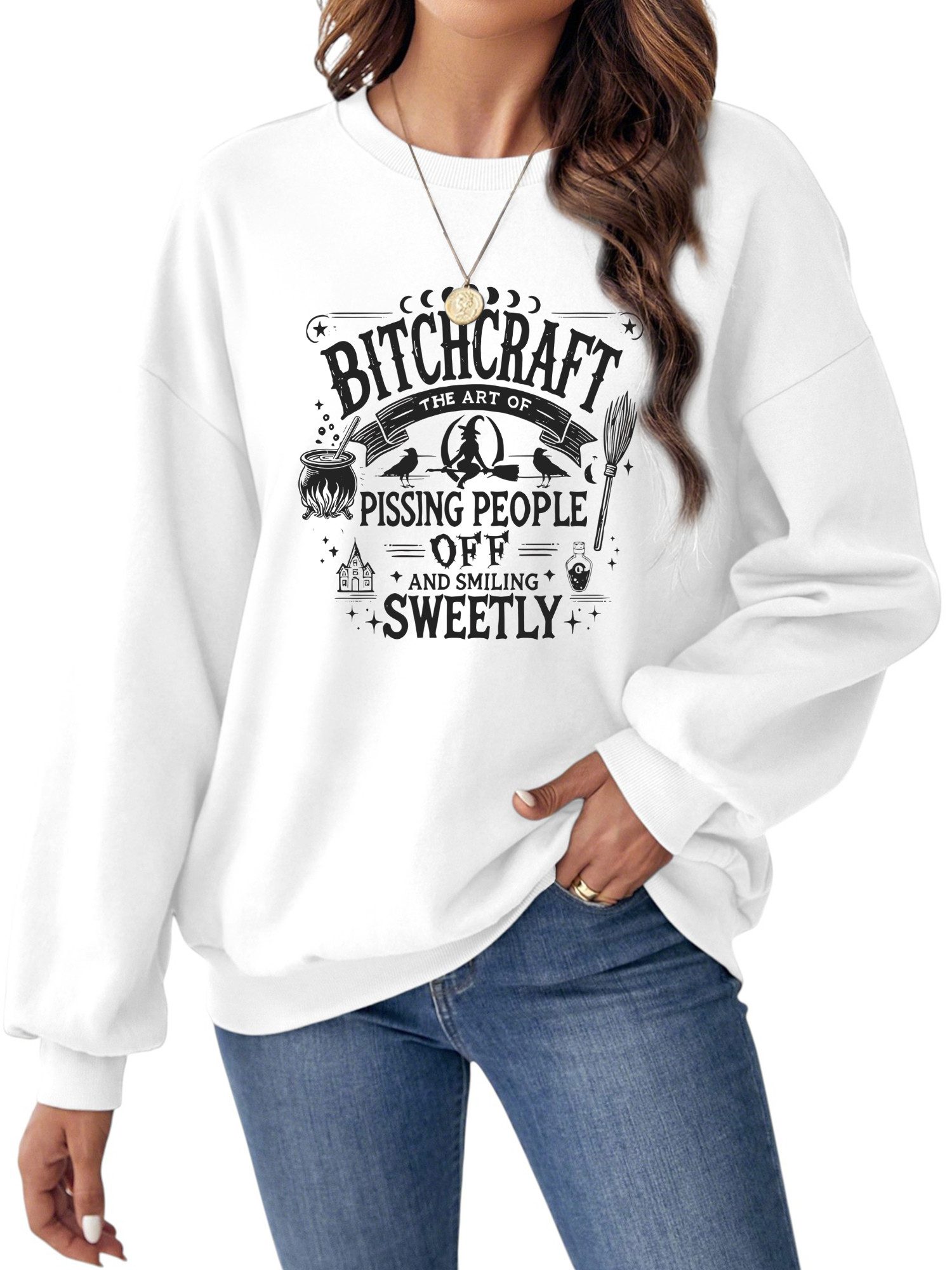 PYLIKE Флісові Damen Rundhalsausschnitt Oversized Sweatshirt mit Halloween Print