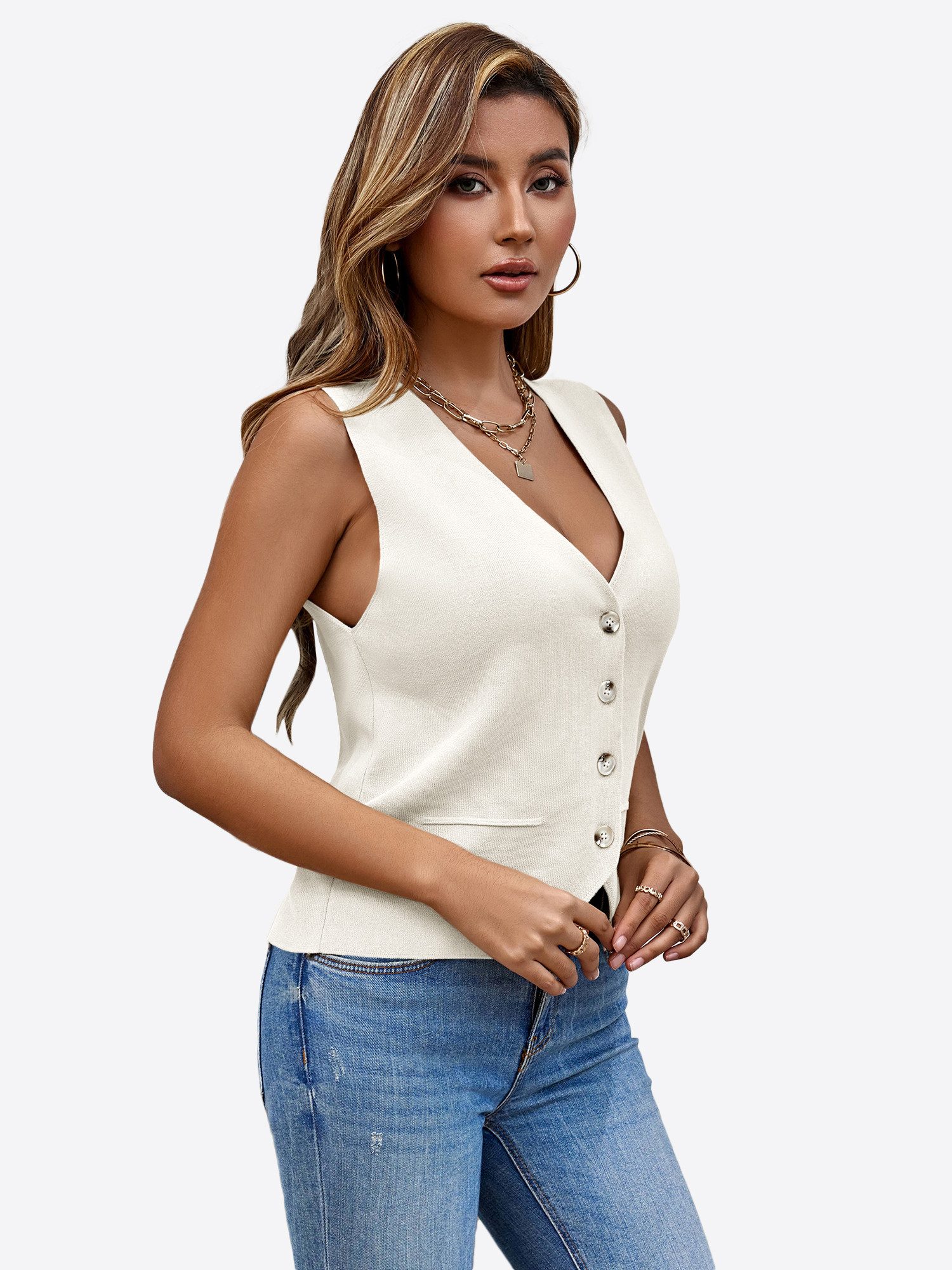 Imily Bela Strickweste Damen Knopfleisten-Weste ohne Ärmel (Packung, 1-tlg., 1per-Pack) mit Knöpfen – Bild 4 von 5