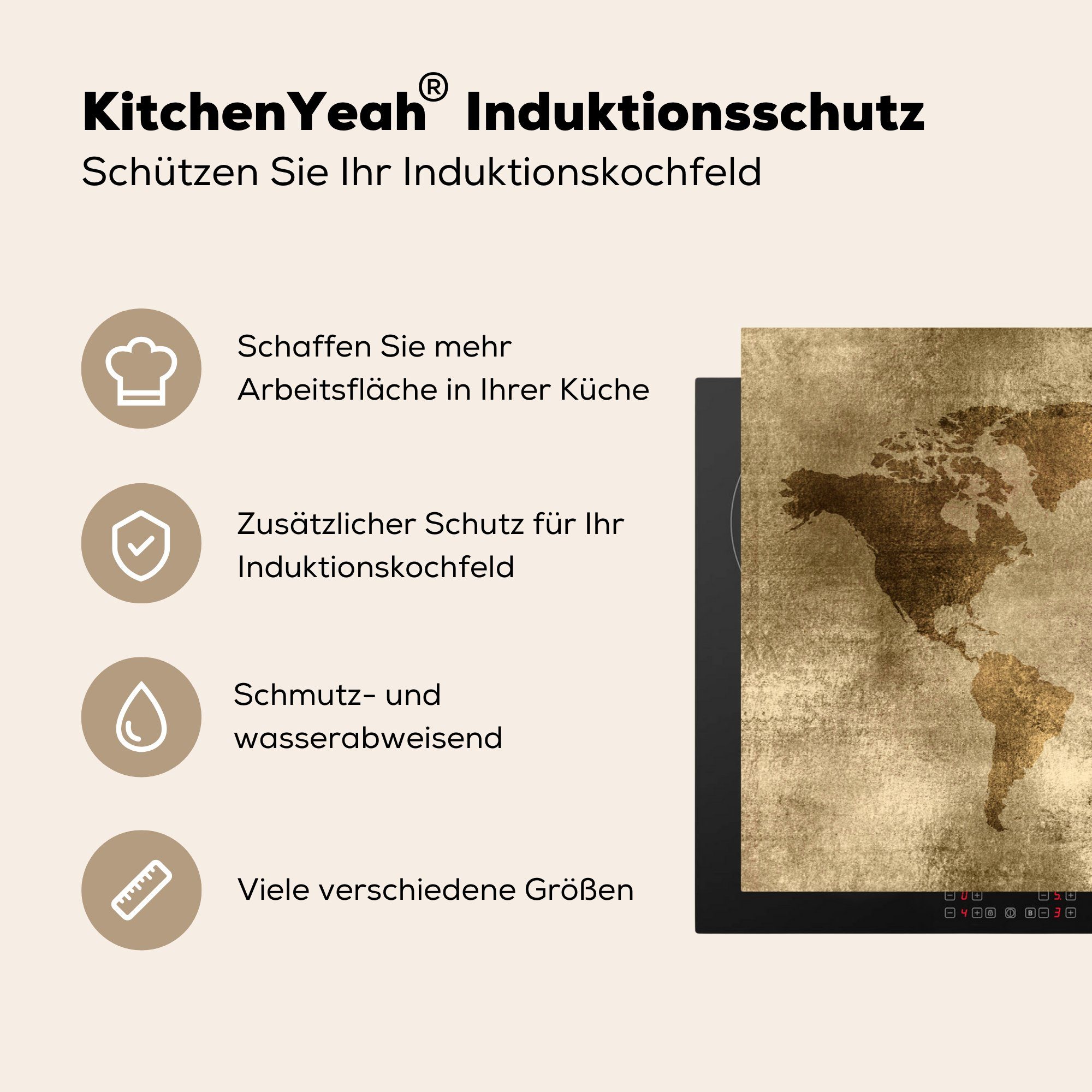 MuchoWow Herdblende-/Abdeckplatte - tlg), (1 - Braun, 81x52 cm, küche, die Weltkarte Antik Vinyl, Ceranfeldabdeckung für Schutz Induktionskochfeld