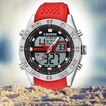 CALYPSO WATCHES Digitaluhr Calypso Herren Uhr K5774/2, (Analoguhr), Herren Armbanduhr rund, Kunststoff, PUarmband rot, Sport