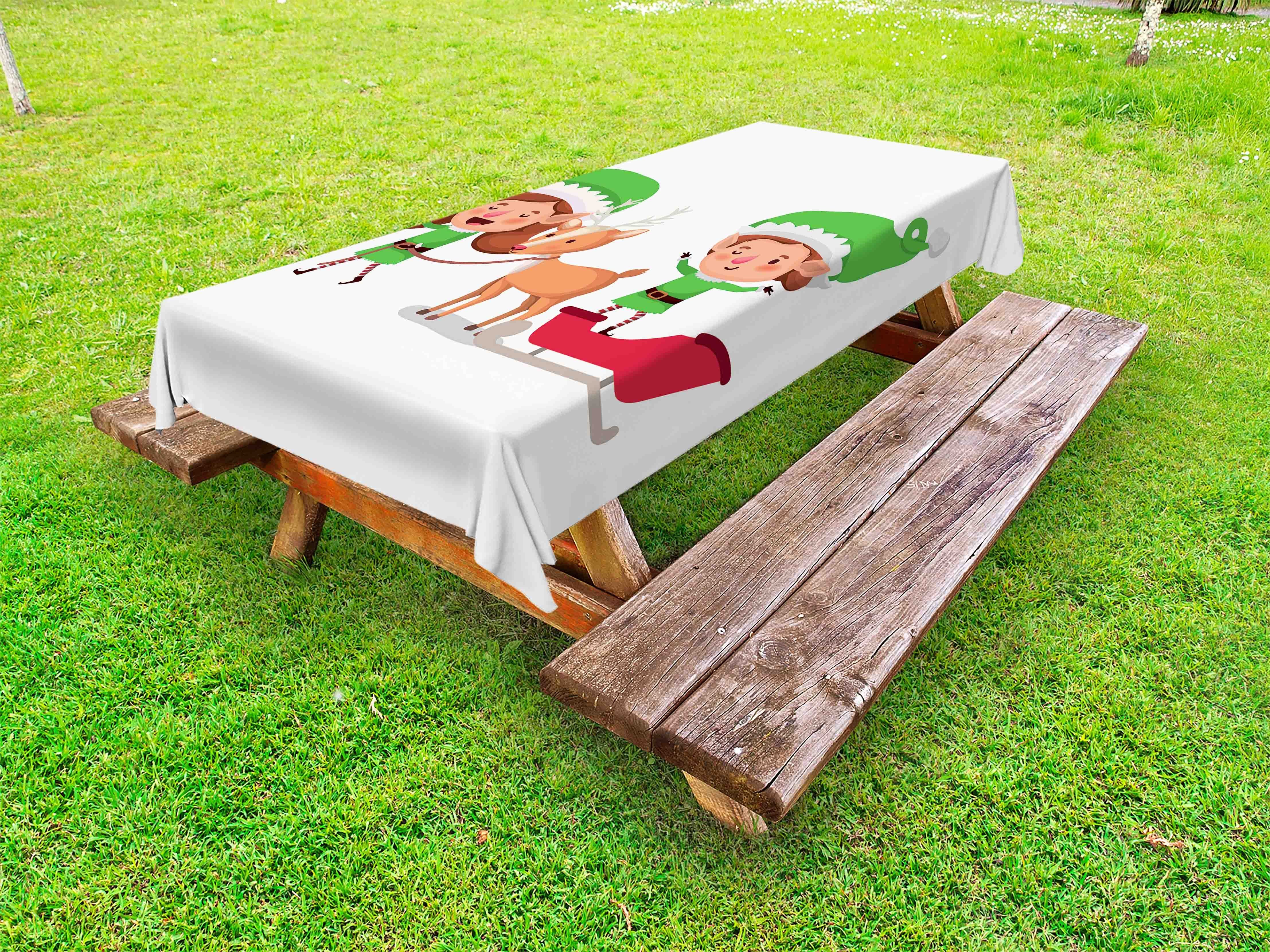 Rentiere und waschbare Tischdecke Elf auf dekorative Sleigh Picknick-Tischdecke, Abakuhaus Elfen