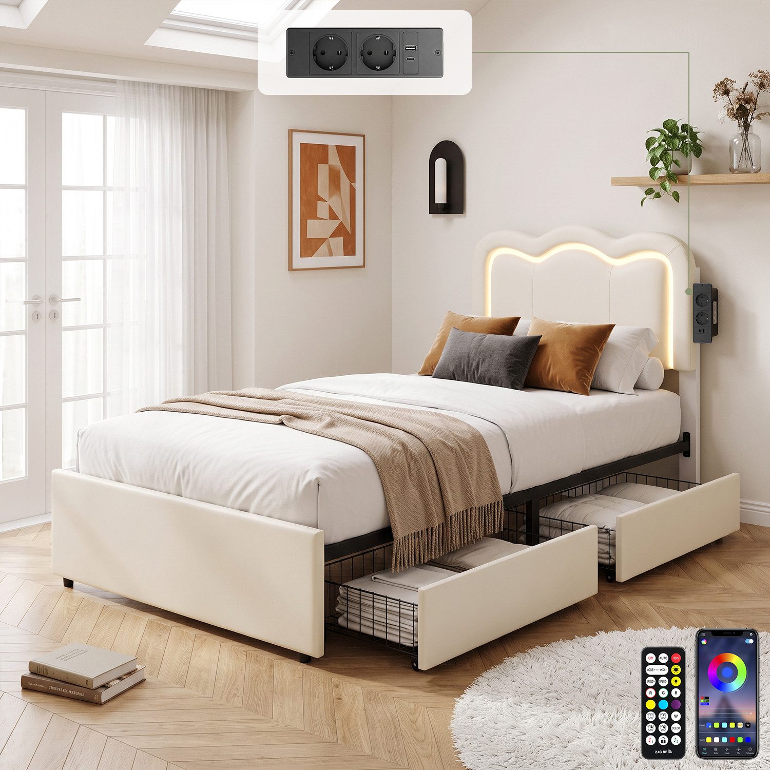 oyajia Polsterbett Kinderbett Jugendbett, Ladestation & LED-Beleuchtung,PU-Kunstleder (Kopfteil hochstellbar, 4 Schubladen), Modernes Jugendbett, Leises Design Bett, Max. Belastbarkeit 350 kg