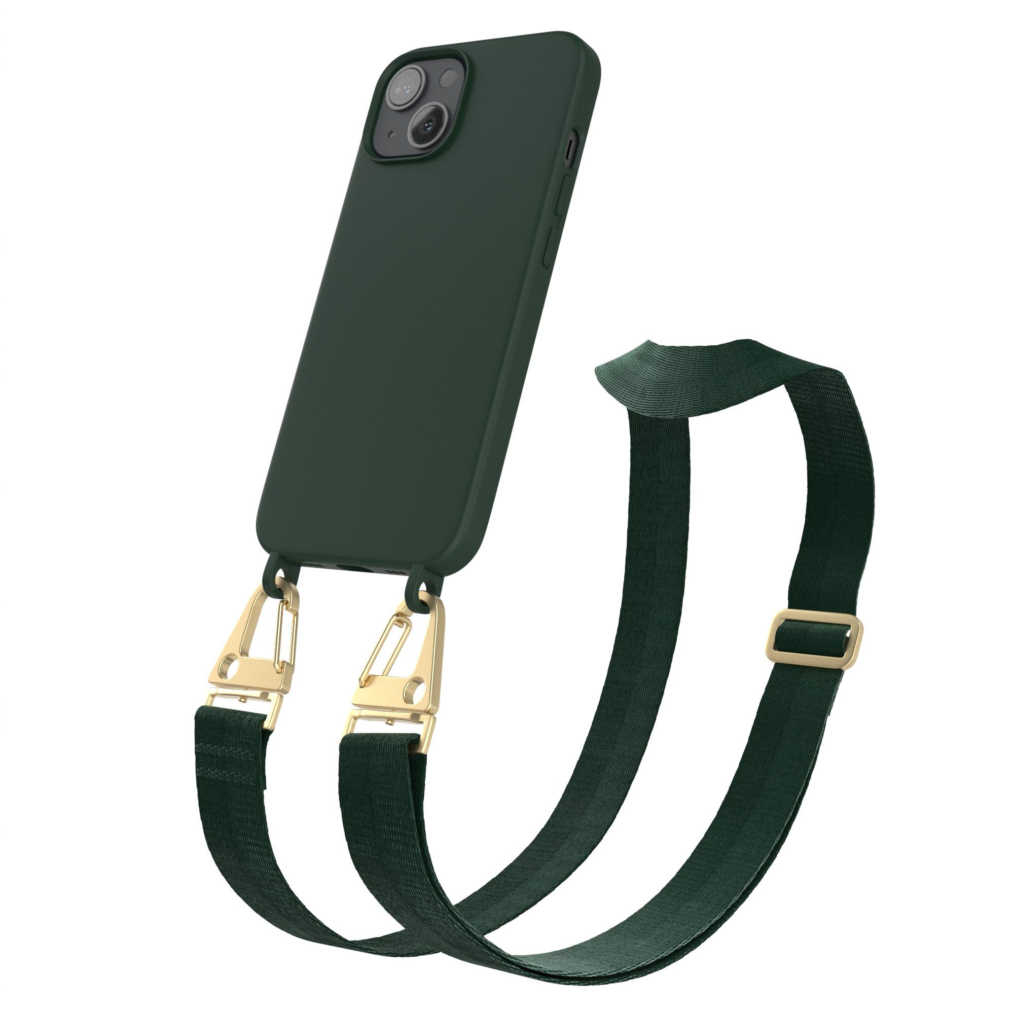 EAZY CASE Handykette Karabiner Breitband für Apple iPhone 13 6,1 Zoll, Handytasche durchsichtige Silikon Hülle mit breitem Umhängeband Grün