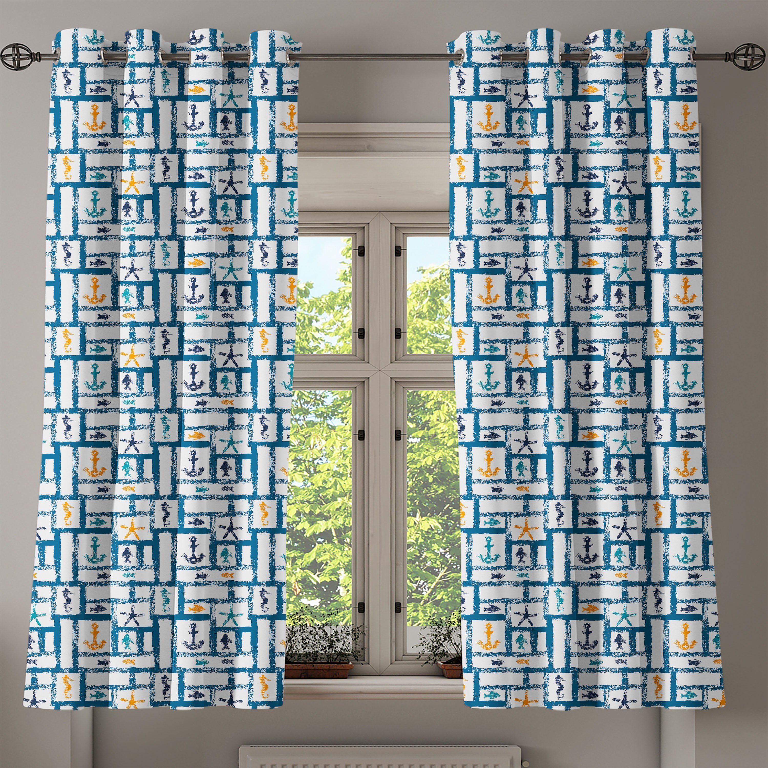 Wohnzimmer, Ozean Seahorse Gardine 2-Panel-Fenstervorhänge Seestern Dekorative für Abakuhaus, Schlafzimmer Anchor