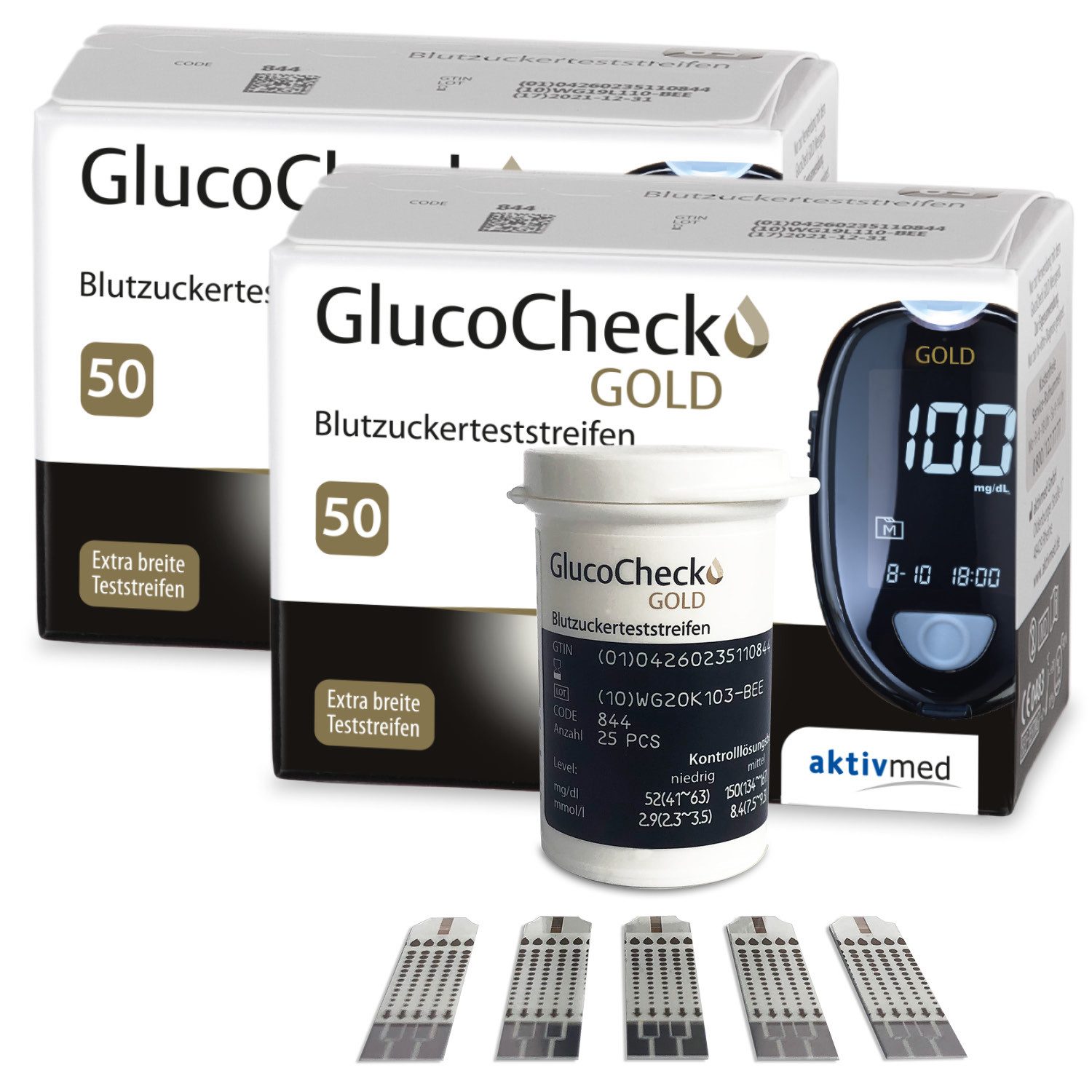 GlucoCheck Blutzucker-Teststreifen GlucoCheck GOLD Blutzuckerteststreifen, 100 Stück, 100-tlg.