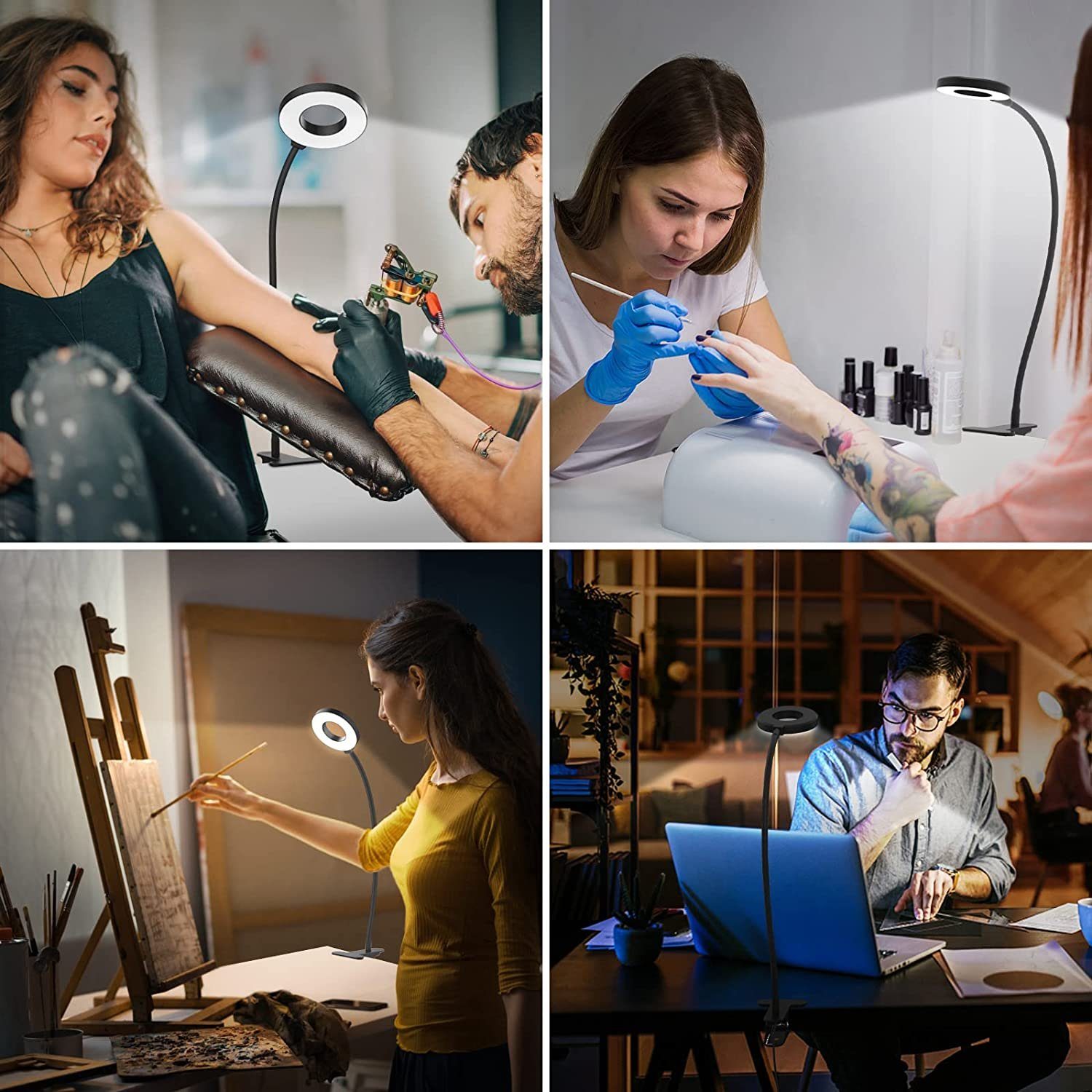 Rosnek LED Klemmleuchte Ringlicht, Clip-On, 3 Farben, dimmbar, für Kopfteil Büro Schreibtisch, 3000K Warmweiß, 4500K Naturweiß, 6500K Kaltweiß, flexibler Schwanenhals, USB