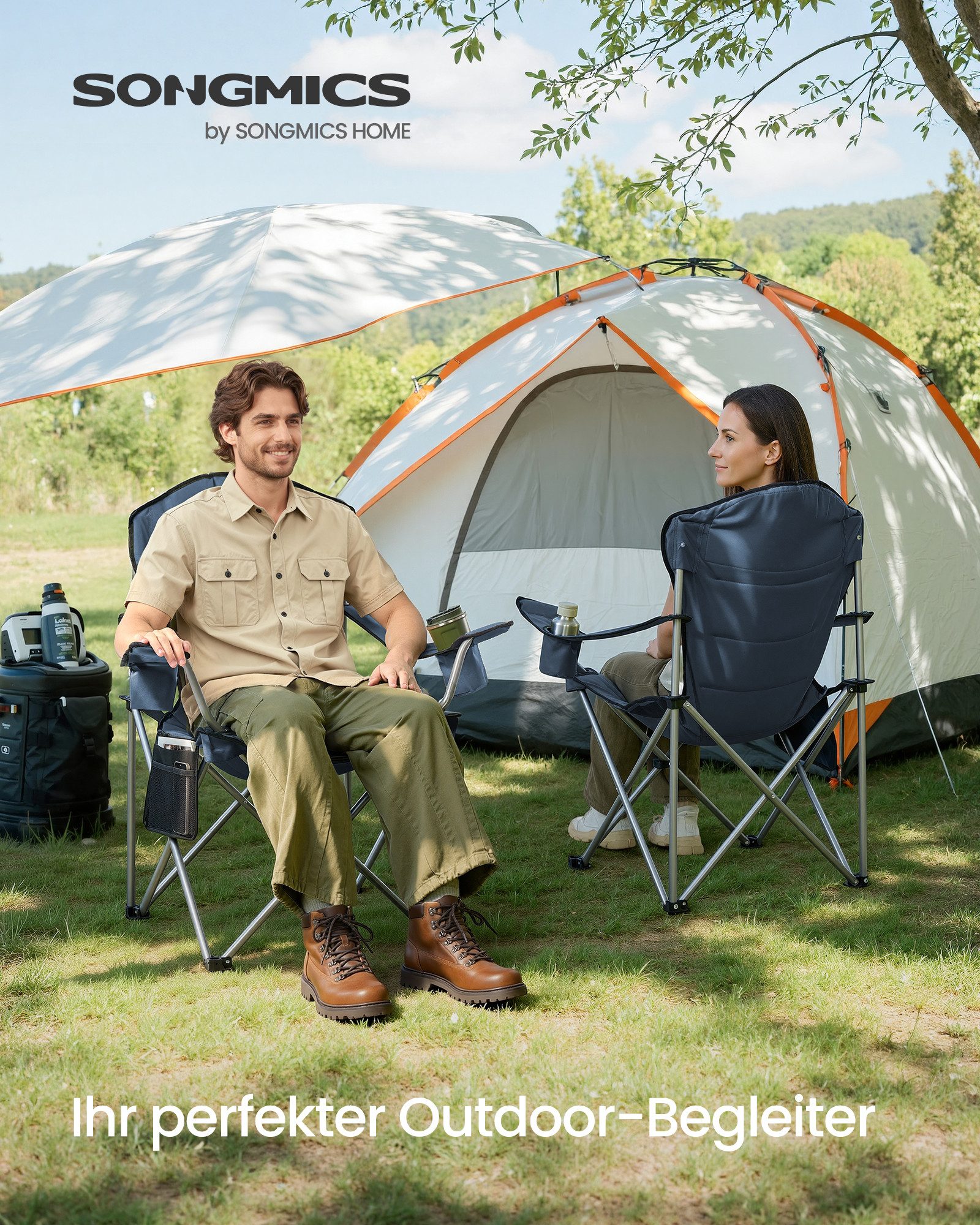 SONGMICS Campingstuhl klappbar, mit breitem Sitz, Faltbarer Outdoor-Stuhl, hohe Rückenlehne, Getränkehalter, 1er/2er Set