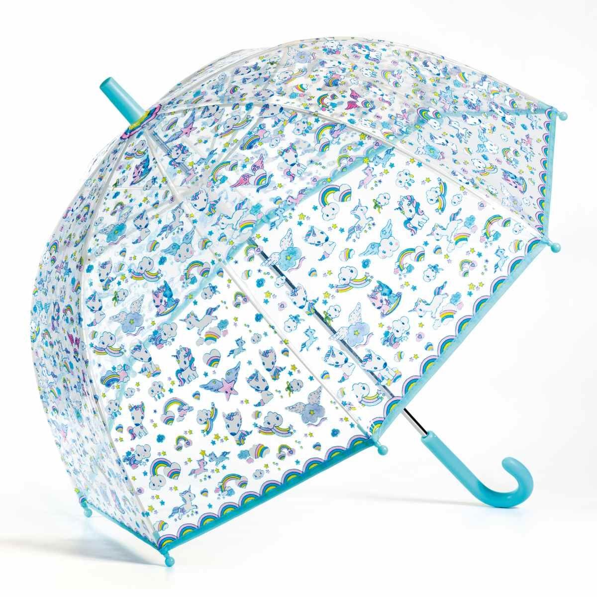 DD04708, Glasfasergestell mit Kinderschirm Öffnung manueller Schutzsystem transparent Stockregenschirm DJECO Einhorn türkis mit