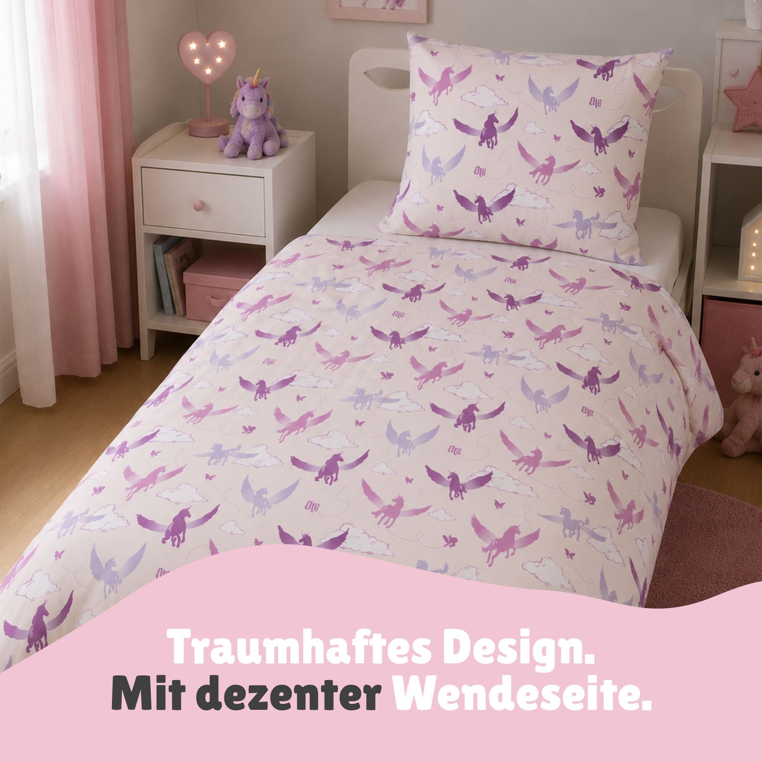 Familando Kinderbettwäsche Unicorn Academy, 100% Baumwolle, Rosa Violett mit Einhorn für Mädchen, Renforcé, 2 teilig, 135x200 80x80cm mit Reißverschluss, Wendeb – Bild 4 von 5