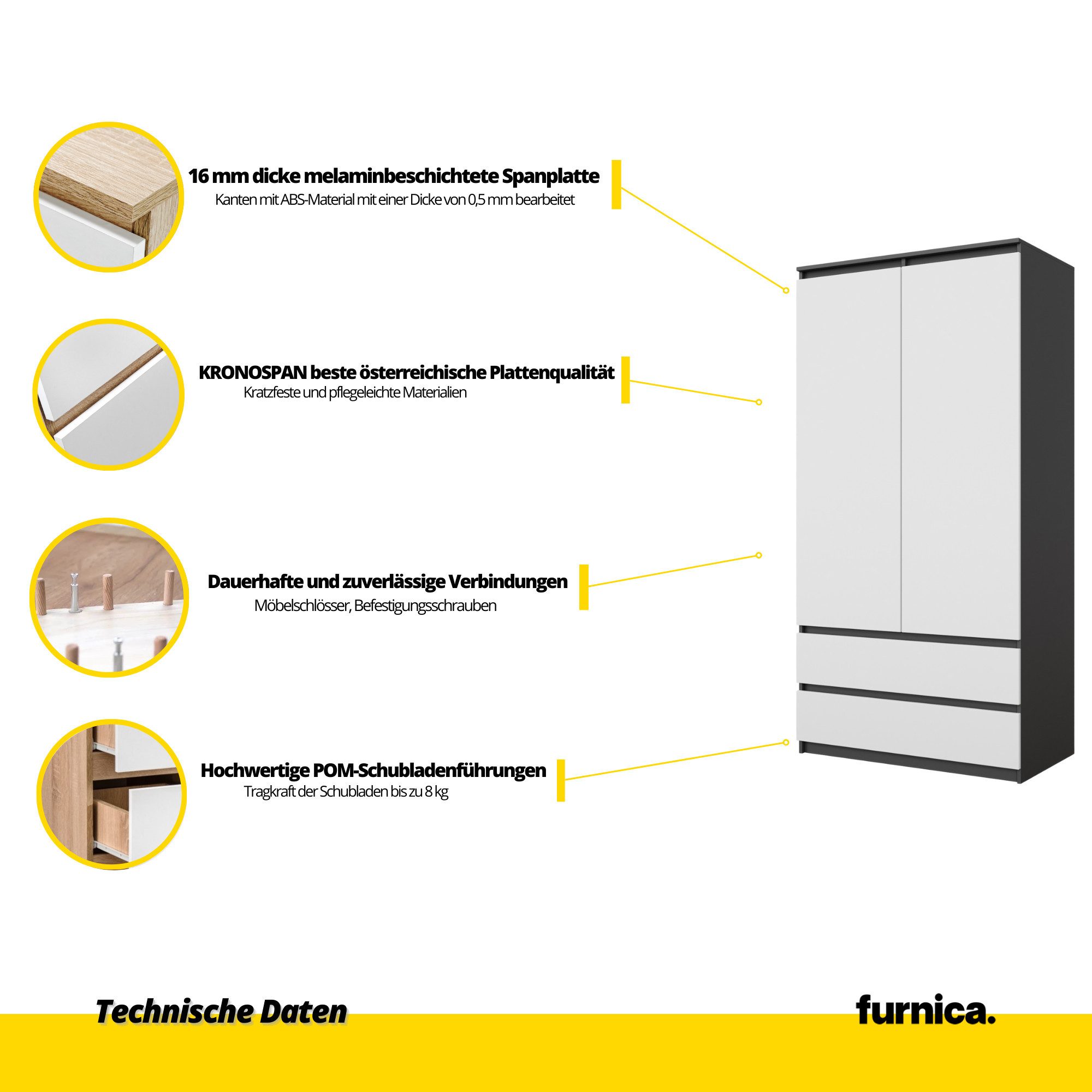 Furnica Kleiderschrank Garderobenschrank, 2 Türen und 2 Schubladen H180 x B90 x T50cm – Bild 5 von 5