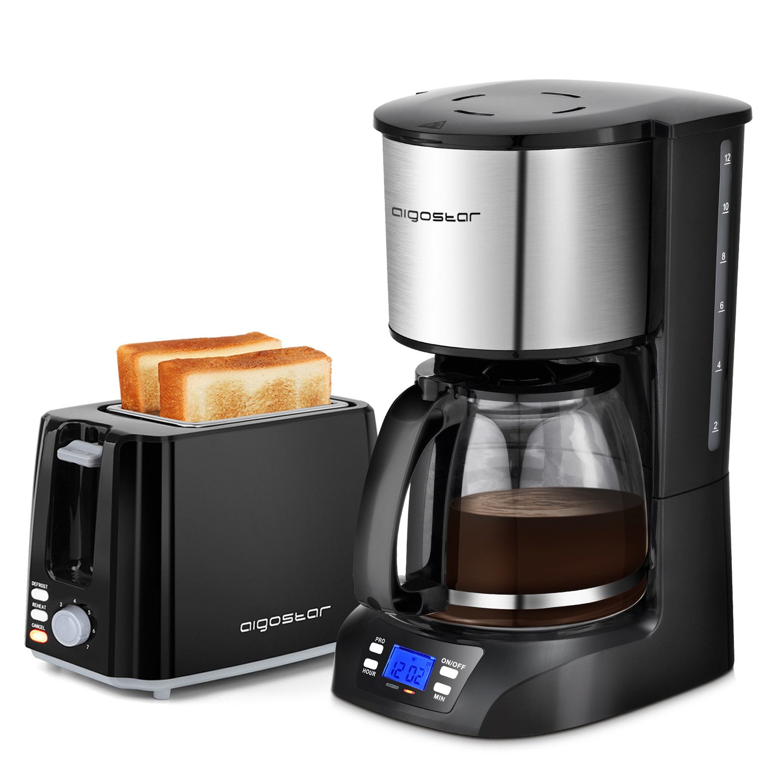 Aigostar Frühstücks-Set 1.5L Kaffeemaschine mit 24H Timer 800W/ 2-Scheiben Toaster 750W, mit programmierbarer Timer, Warmhalteplatte, Tropf-Stopp