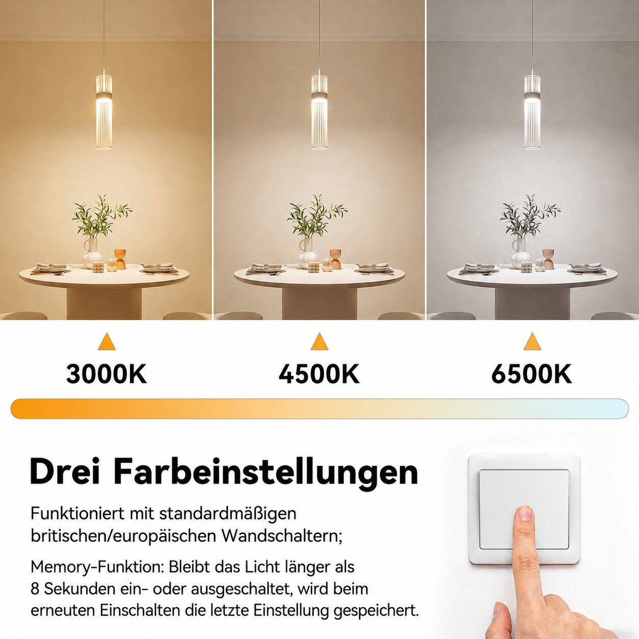 BlingBin LED Pendelleuchte 3-flammig Hängeleuchte 14 W Acryl-Kronleuchter, 3 Lichtfarben mit Memoryfunktion, LED fest integriert, Neutralweiß, Warmweiß, Tagesli – Bild 4 von 5
