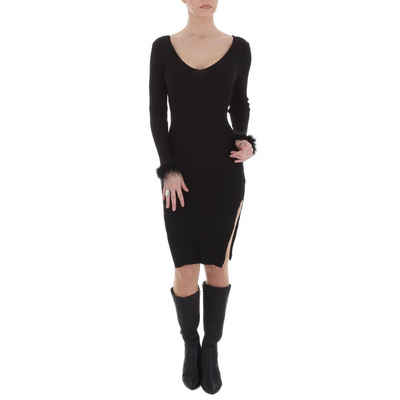 Ital-Design Strickkleid Damen Party & Clubwear Federn Stretch Strickoptik Minikleid in Schwarz