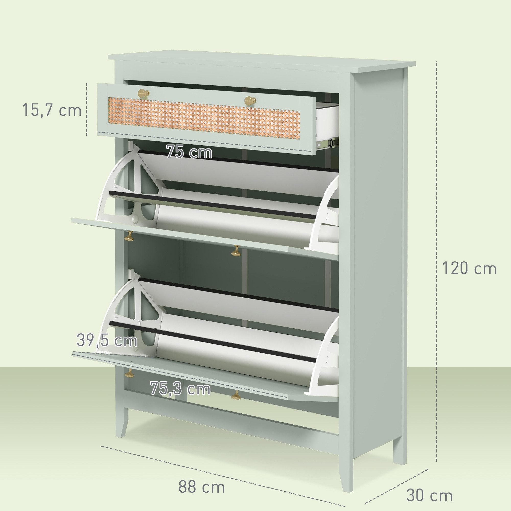 HOMCOM Schuhschrank mit 2 Klappen Schuhkipper mit Schublade, Schuhregal (Schuhablage, 1-St., Schuhkommode) für Eingangsbereich, Flur 88 x 30 x 120 cm, Grün