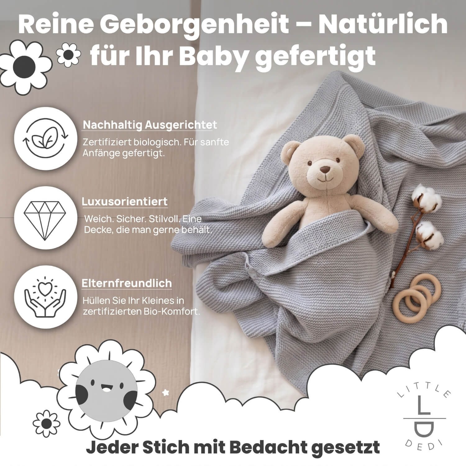Babydecke Baby Strickdecke, %100 Bio Baumwolle, Atmungsaktiv, 80x100cm, Silber, Little Dedi – Bild 2 von 5