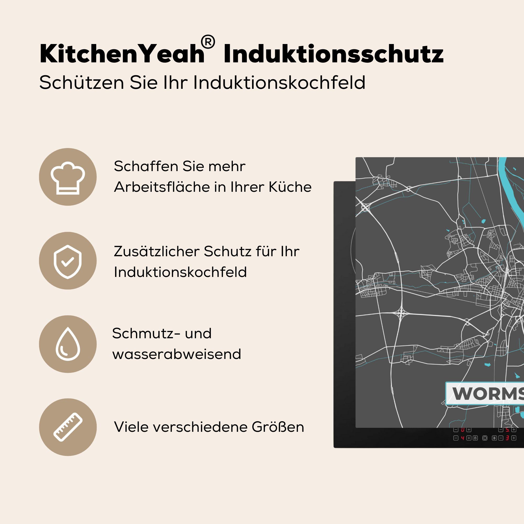 - Karte, MuchoWow (1 78x78 tlg), Blau Vinyl, Arbeitsplatte - - Ceranfeldabdeckung, Worms Stadtplan - für cm, küche Deutschland Herdblende-/Abdeckplatte