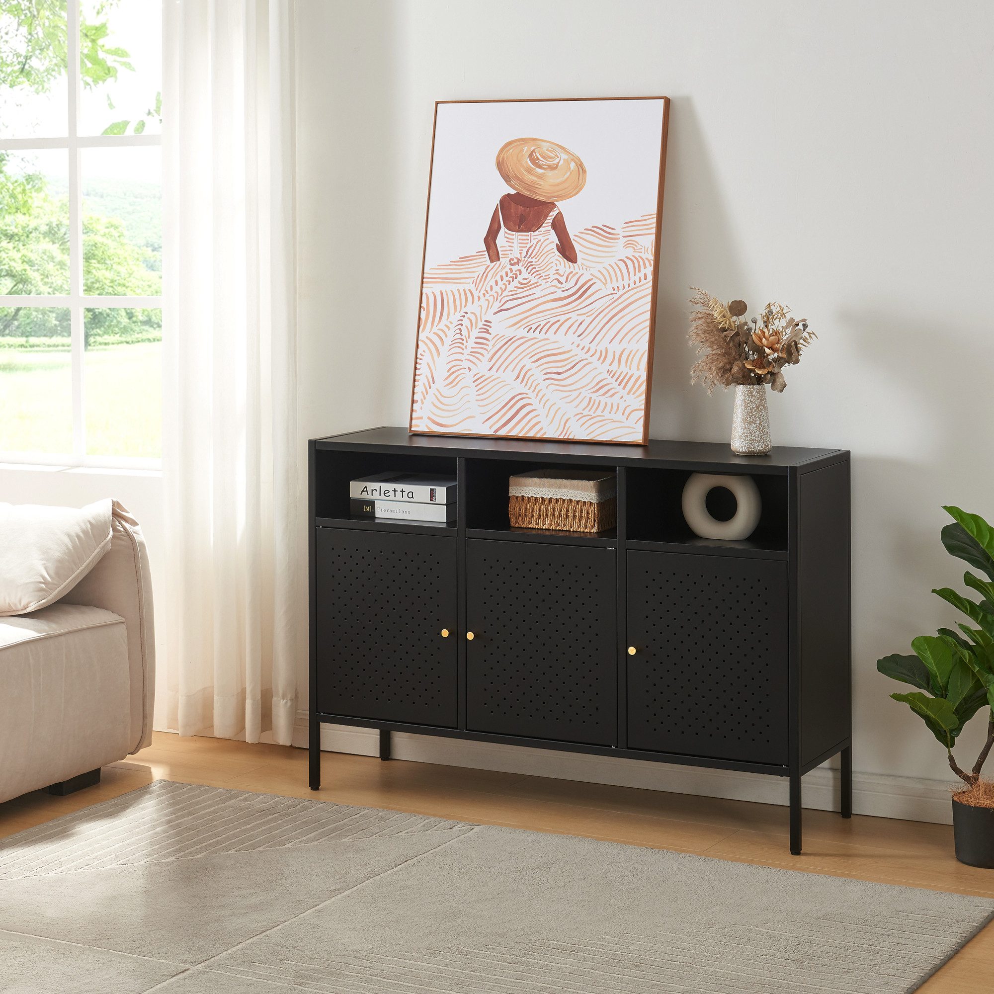 en.casa Sideboard, »Janakkala« mit 3 Türen Stahl 119 x 35 x 80 cm Schwarz