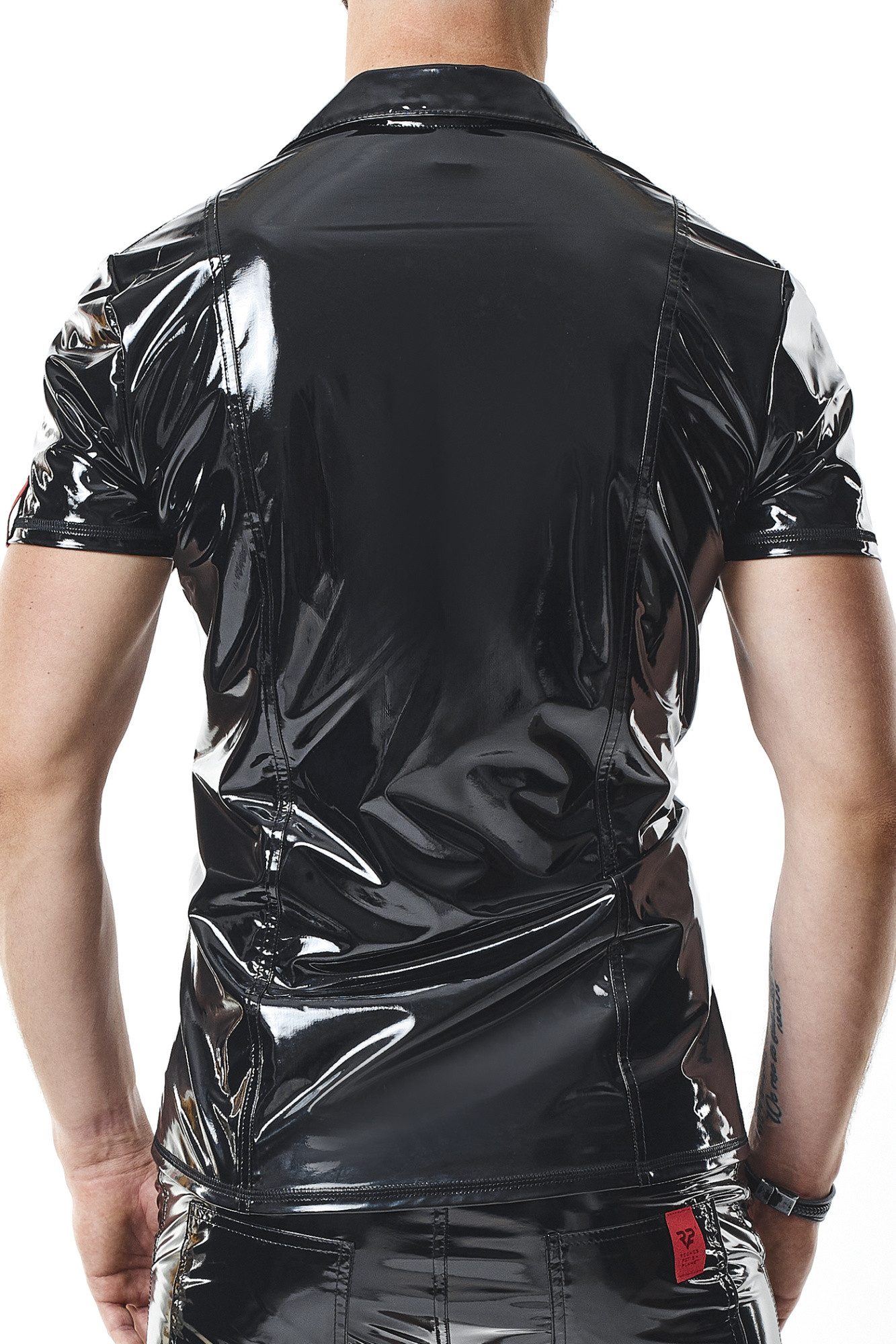 Regnes Fetish Planet T-Shirt Herren T-Shirt wetlook Hemd Poloshirt schwarz mit Stehkragen Slim