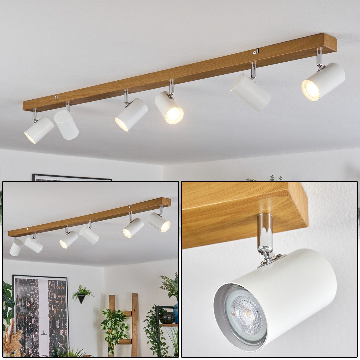 hofstein Deckenleuchte Deckenlampe aus Metall in Holzoptik/Chromfarben/Weiß, ohne Leuchtmittel, Deckenleuchte im modernen Design mit verstellbaren Schirmen, 6 x GU10