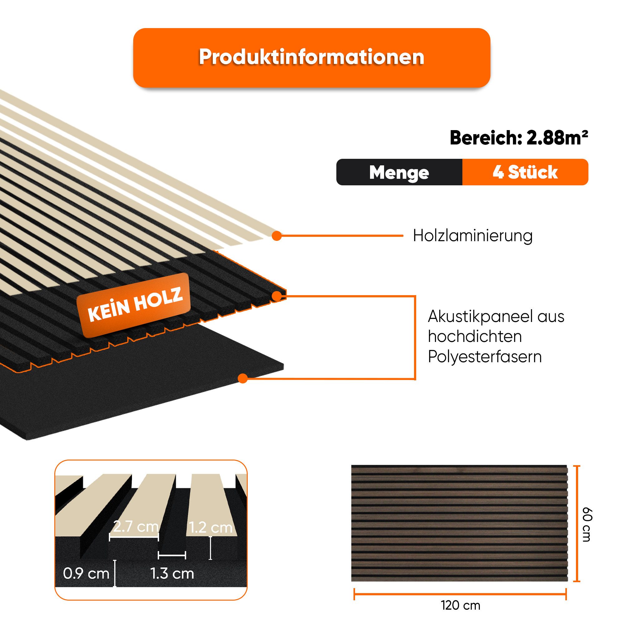 IZODEKOR 3D Wandpaneel Akustikpaneel Selbstklebend Holzoptik 60x120cm, BxL: 120x60 cm, 0,72 qm, (4 Wandpaneele, je 0,72 m², insgesamt 2,88 m) – Bild 4 von 5