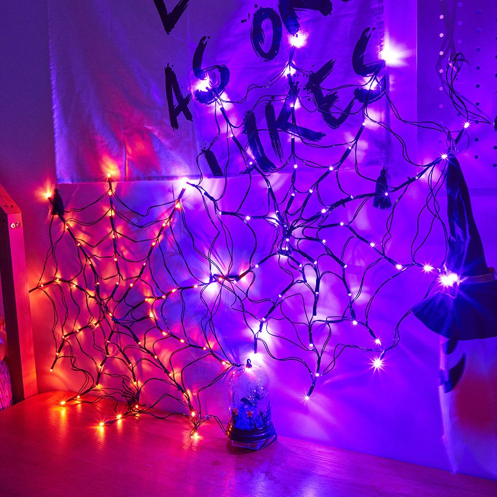 Sunicol Dekolicht Halloween Dekorationen Lichter, Spinnennetz, Fernbedienung, Batterie, Lila, Orange, 1M Durchmesser Lichter, für Halloween Party Hof Bar Haunte – Bild 4 von 5