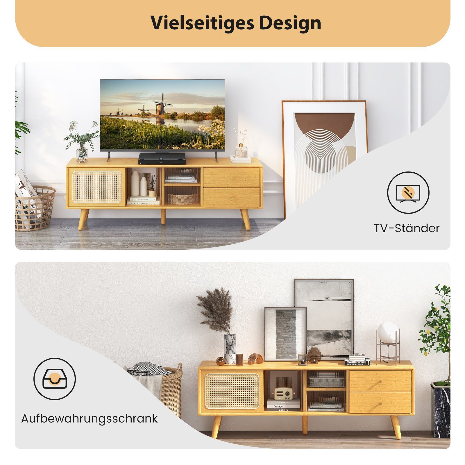 Schublade, Schiebetüren (Glas&Bambus), COSTWAY TV-Schrank Bambus, 2 2 140cm