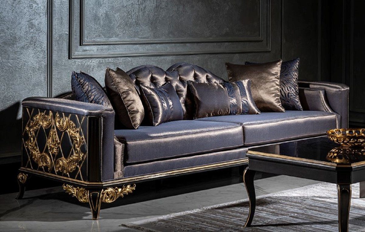 Casa Padrino Sofa - Barock / Sofa Barock Sofa - Gold Möbel Blau Edel - mit Luxus / Prunkvolles Wohnzimmer Schwarz & Prunkvoll dekorativen Kissen