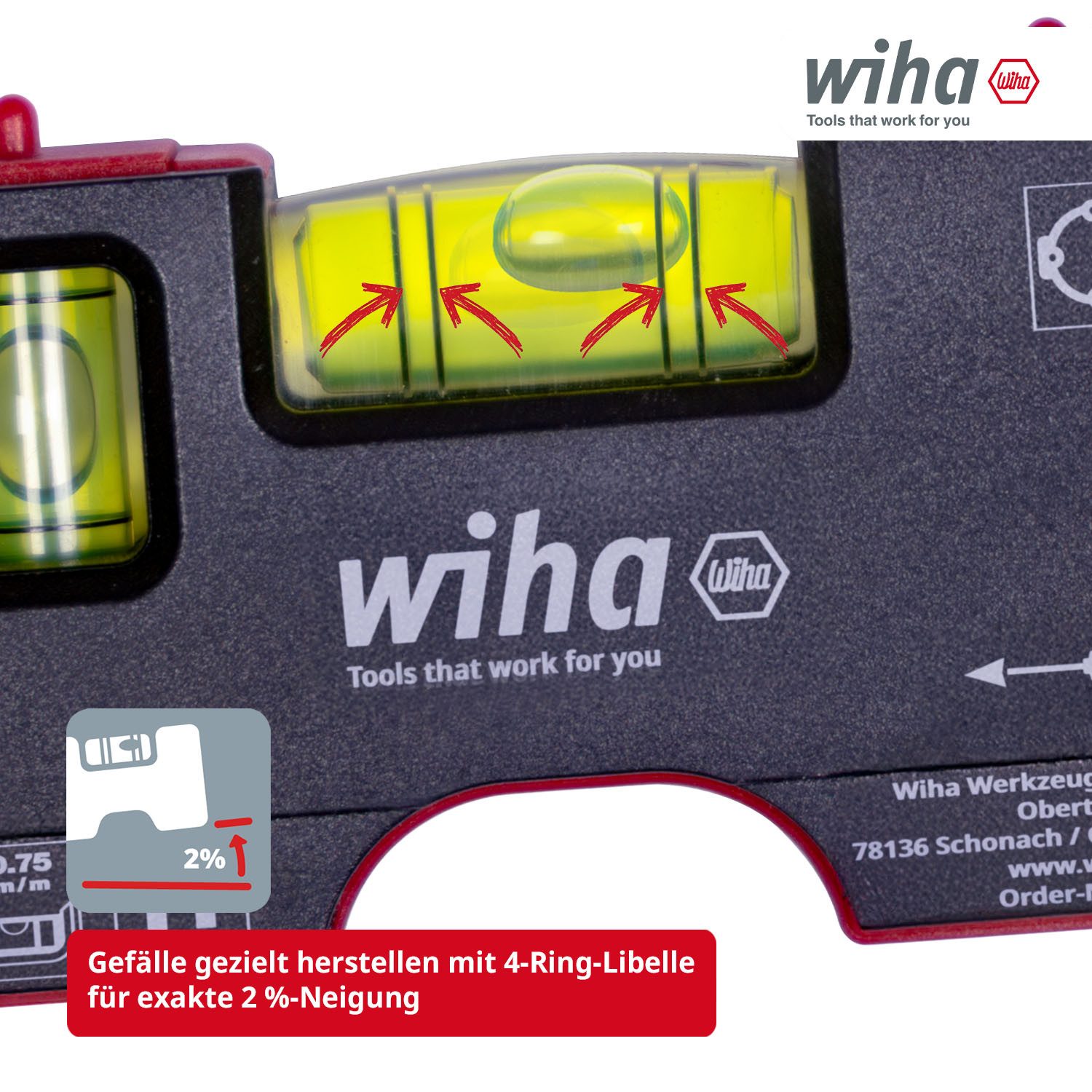 Wiha Wasserwaage (46957), Zwei Libellen, 4-Ring-Libelle, 60mm Abstand Zentrierspitzen