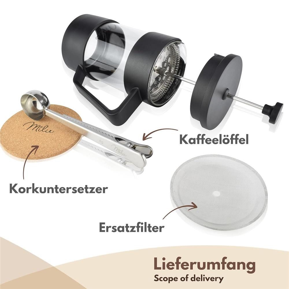 Milu French Press Kanne, 600l Kaffeekanne, Kaffeebereiter, Kaffeepresse, Kunststoff/Glas, Schwarz