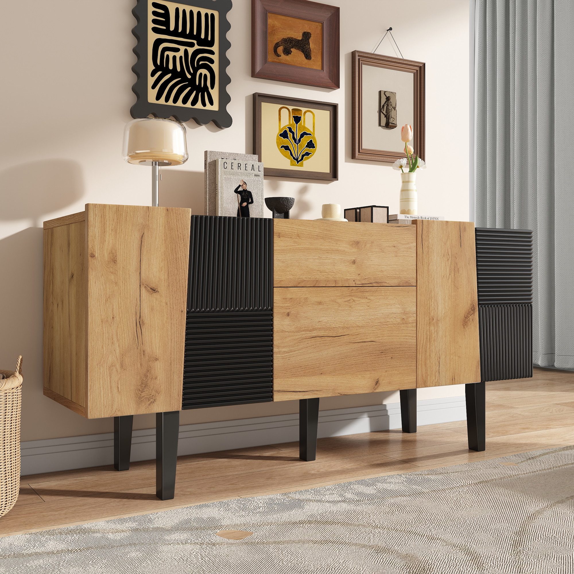 MODFU Lowboard mit Massivholzbeinen (TV-Schrank,Fernsehtisch,TV-Board,TV-Ständer, 1 St., 4 Türen, 2 Schubladen), für 60"-Fernseher