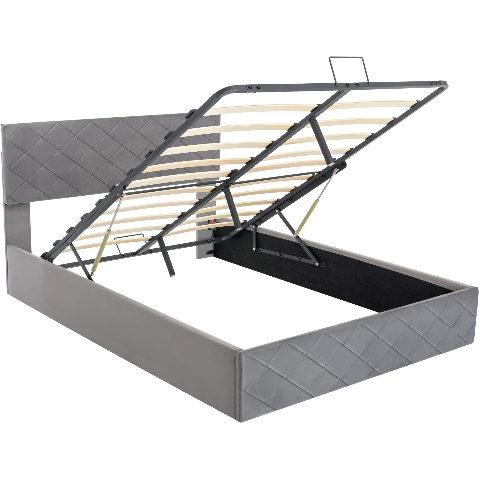 Boxspringbett, Hydraulisches Funktionsbett Polsterbett mit Lattenrost und Bettkasten 140x200cm Doppelbett, Grau Samtbezug, Lattenrost aus Holz