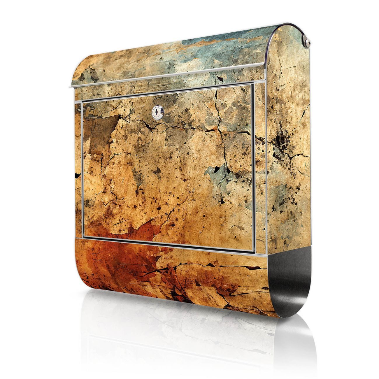 banjado Wandbriefkasten Edelstahl mit Motiv Verwitterte Texturen (Wandbriefkasten groß, mit Zeitungsfach), 38 x 42,5 x12 cm