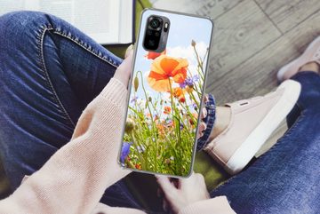 MuchoWow Handyhülle Blumen - Mohn - Frühling - Natur - Rot - Blau, Phone Case, Handyhülle Xiaomi Redmi Note 10, Silikon, Schutzhülle