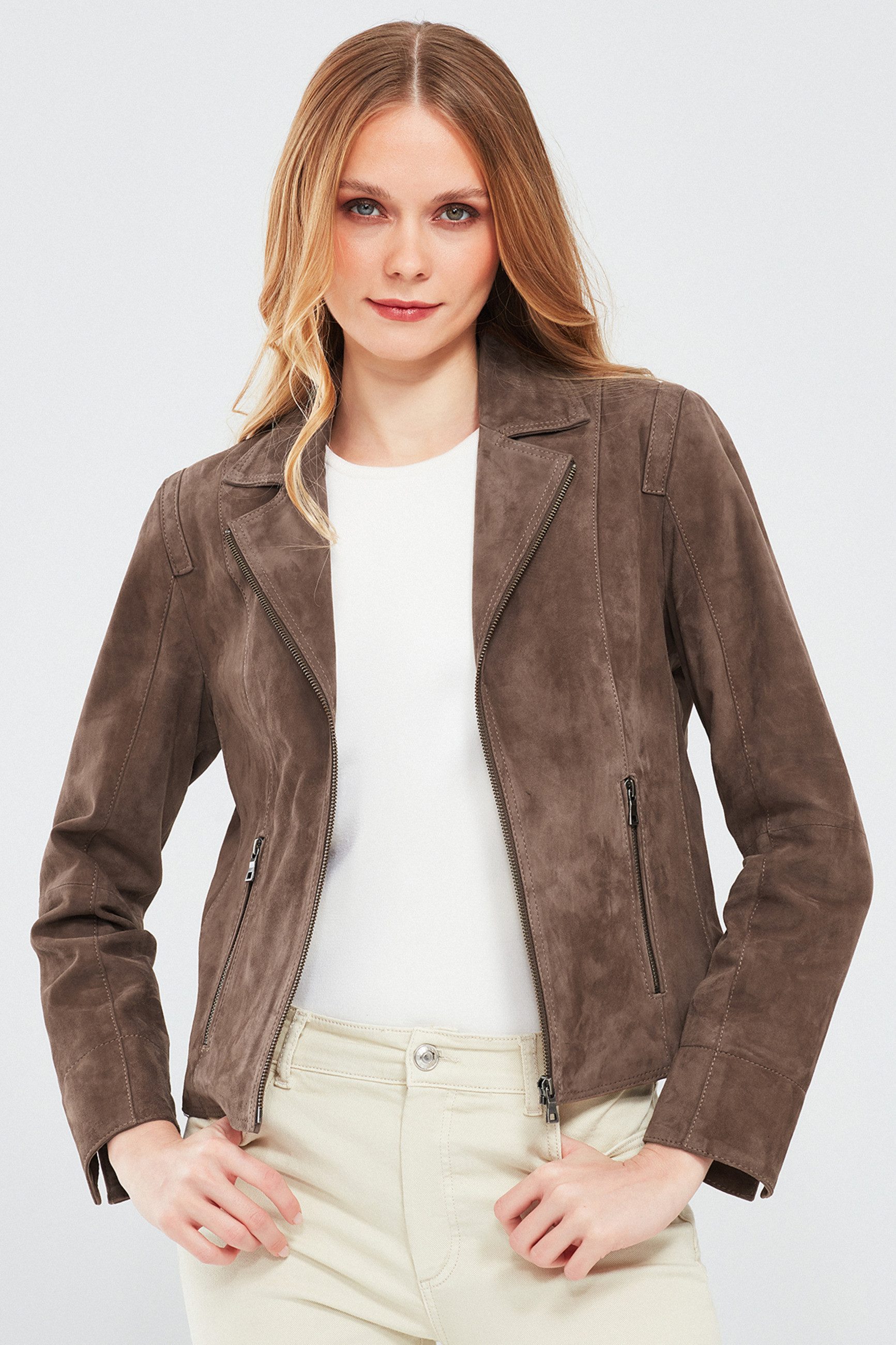 Derimod Lederjacke Lara Wildlederjacke Regular Fit, Reißverschluss, Reverskragen, Kurz, Textilfutter